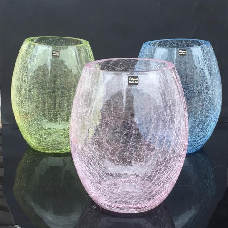 Hand Blown Classical Flower Vase Clear Glass Ice Crack Glass Cylinder Vase